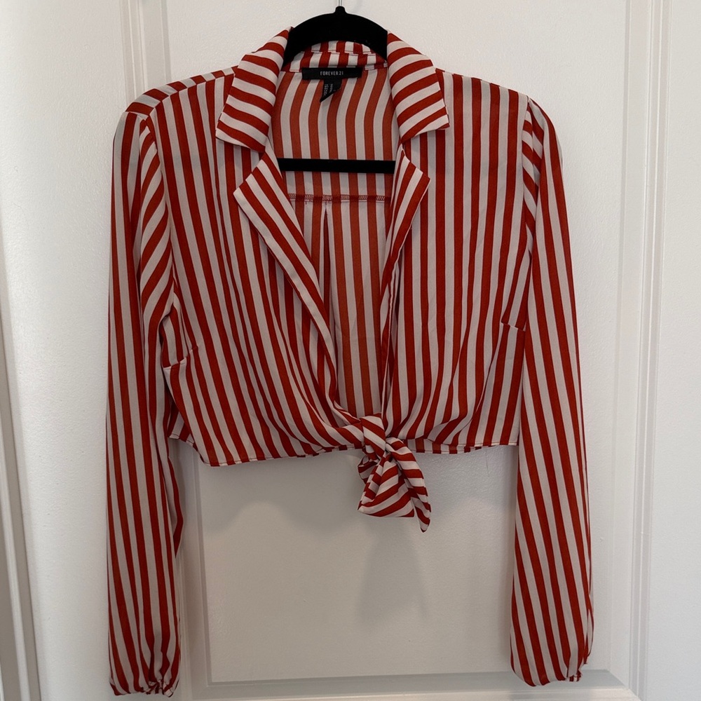 Forever 21 Cropped Red and White Striped Tie-Front Blouse